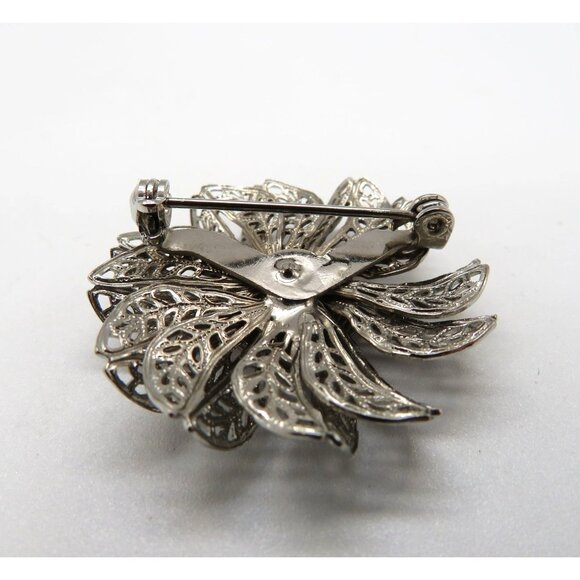 Vintage Flower Brooch Silver Tone Shell Center Filigree Stacked Petals Pin - Picture 7 of 7